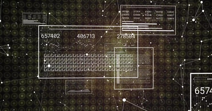 Field emerging with nodes animating frames fading labels updating grid rising showing data flow
