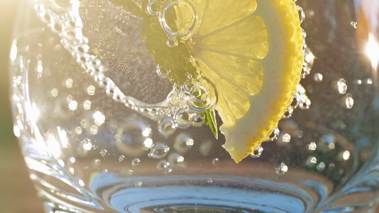 Close-up video of a lemon slice in sparkling water, captured at eye level