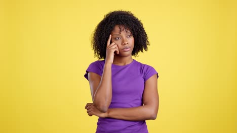 woman deep in thought or concentration against yellow background