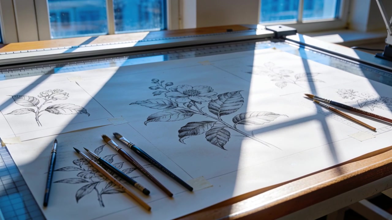 L'angolo del sole che cambia sposta l'ombra a griglia attraverso la scrivania dello studio con una barra parallela, rivelando disegni a inchiostro.