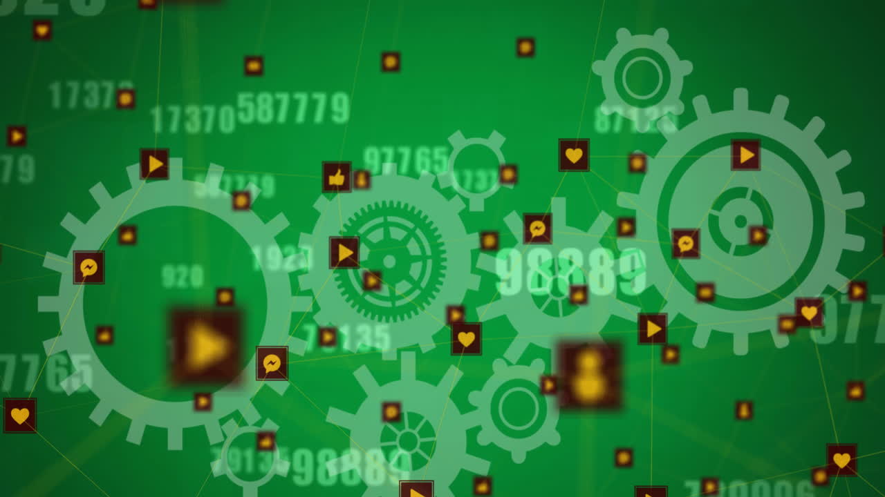 Animation of globe of network of connections with icons, cogs and numbers