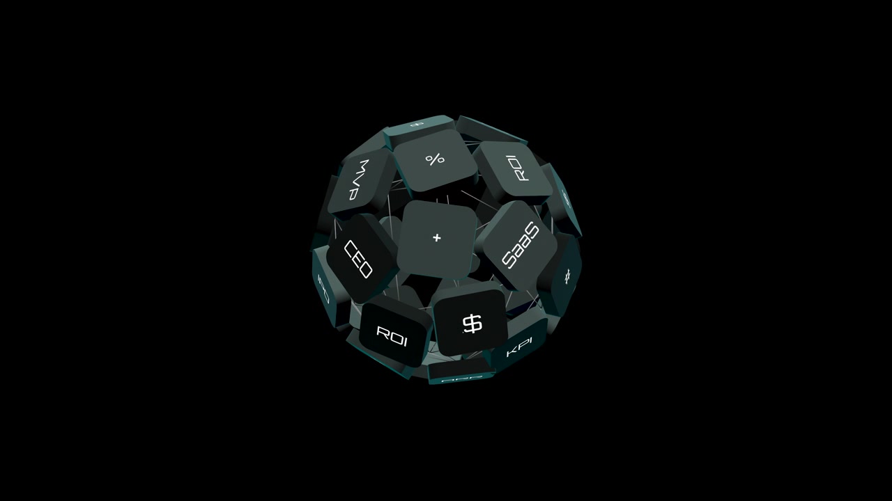 A 3D rotating globe made of floating keycaps displaying startup, business, and finance acronyms.