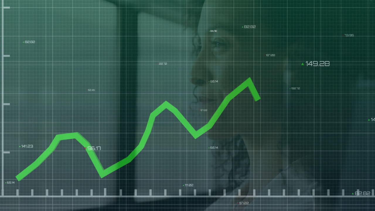 Green financial graph animation over thoughtful person in office setting