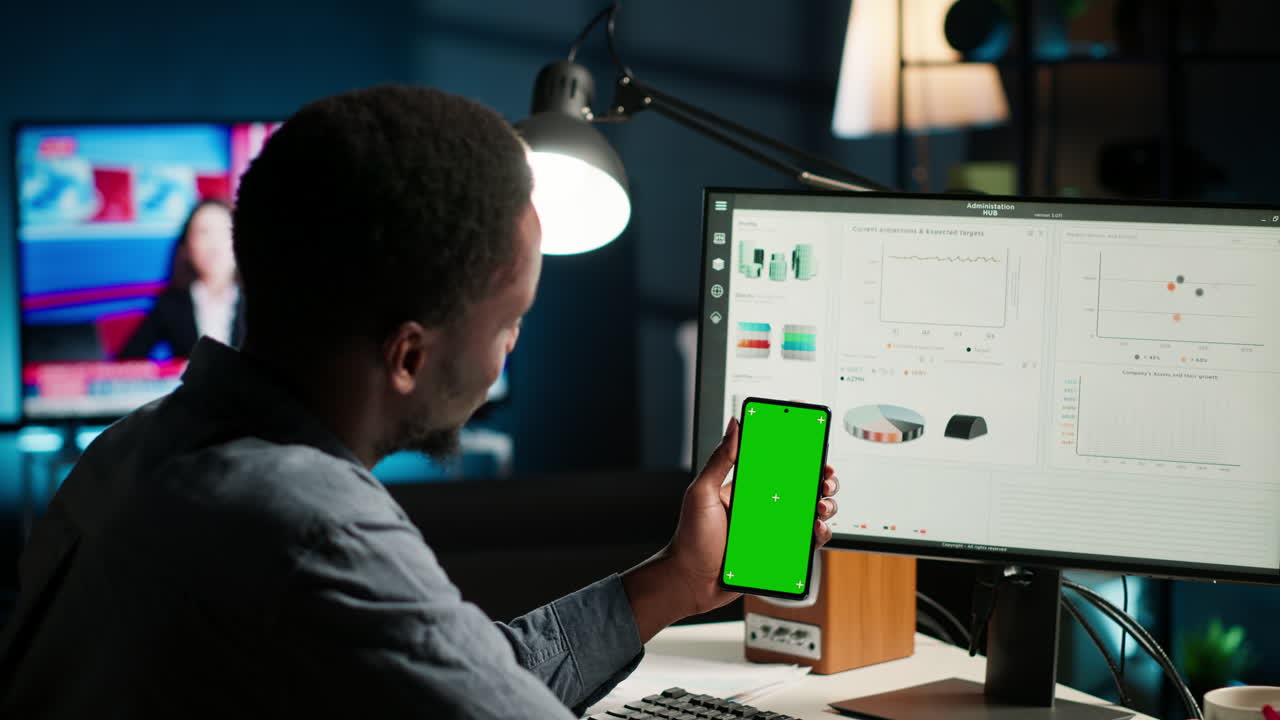 Financial manager doing accounting work on pc with chroma key screen