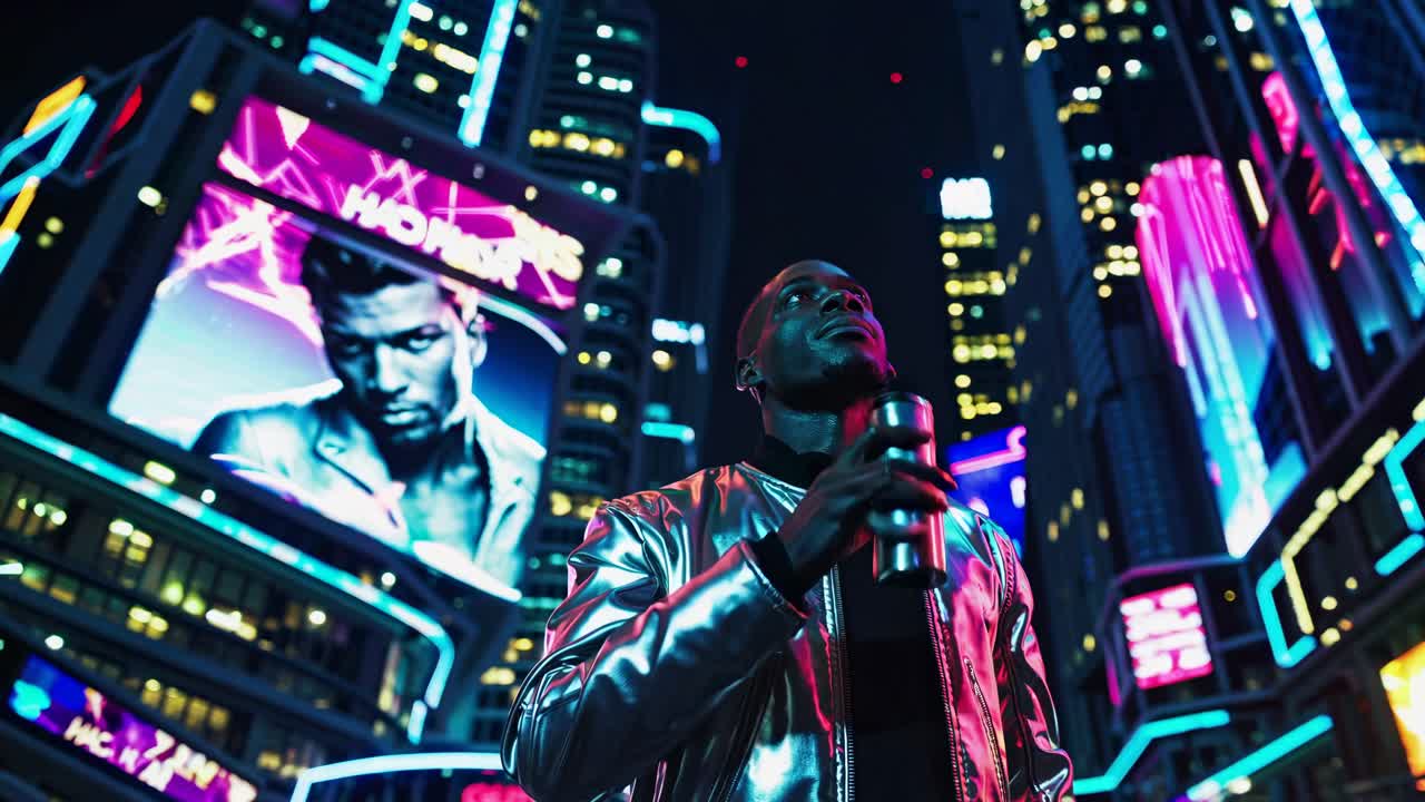 Urban Cyberpunk Night Scene with Man Drinking