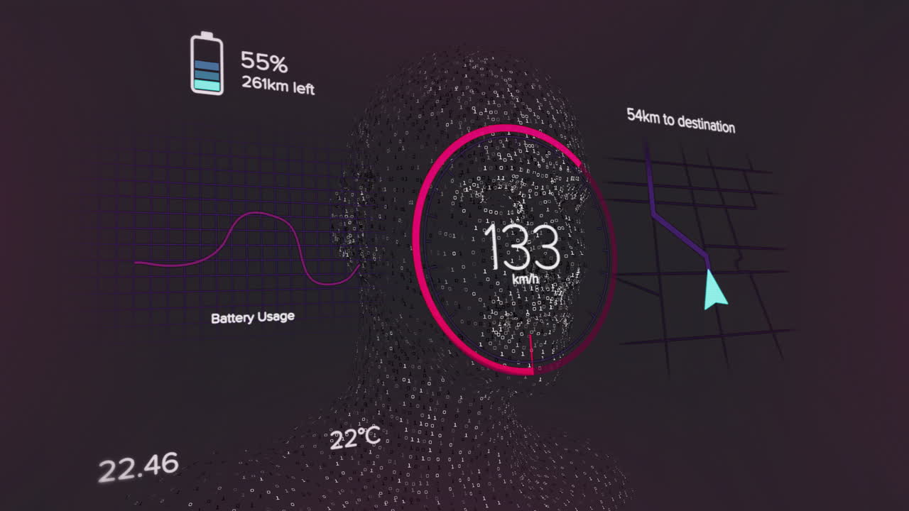 Animation of data processing over head model on black background