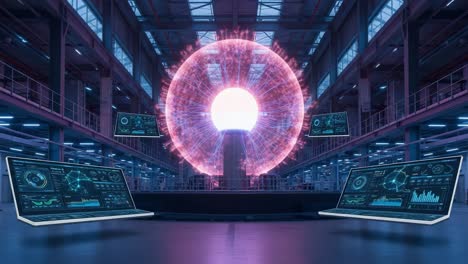 a high-tech laboratory displaying an innovative energy source with interactive data visualizations on laptops surrounded by advanced equipment