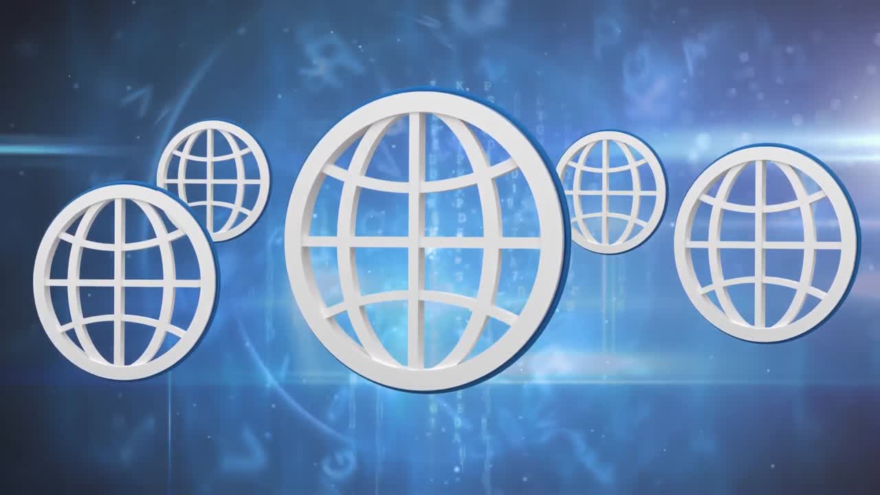 animación digital de múltiples iconos web contra números y símbolos en fondo azul