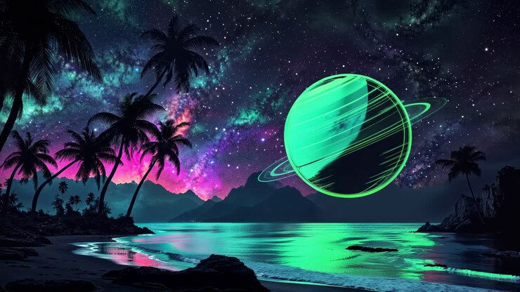 A breathtakingly stunning cosmic landscape showcasing a glowing radiant planet amid the stars