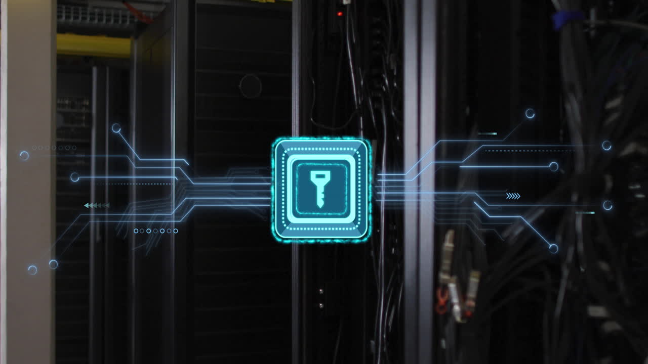 Animation of key icon and digital data processing over computer servers