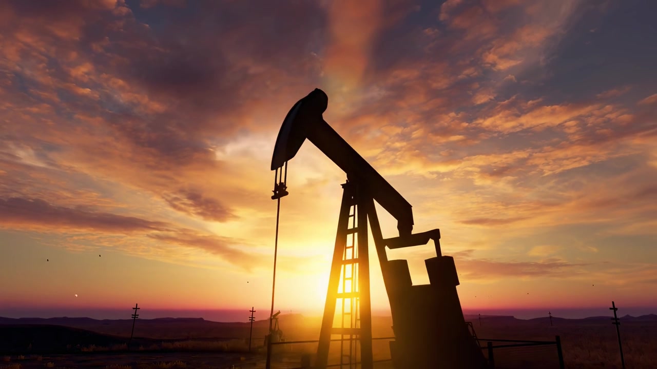 Oil Pump Jack Operating in Desert at Sunset