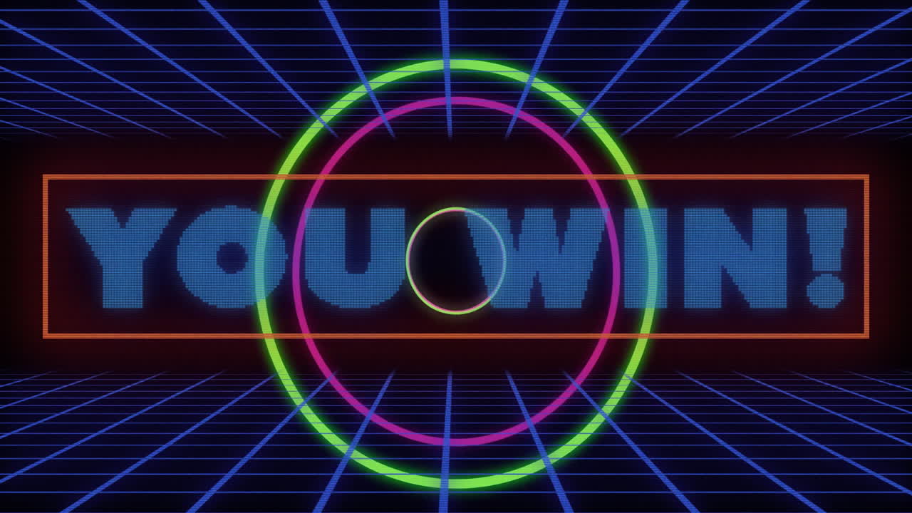 Neon circle animation with You Win! text over retro grid background