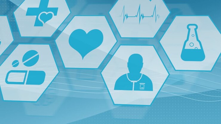 Animación de interfaz digital con iconos médicos sobre fondo azul