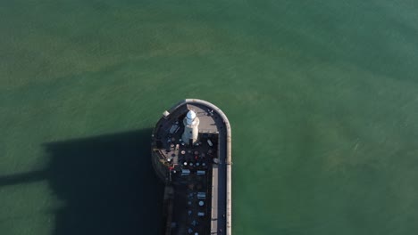 Folkestone-Lighthouse-Drone-Forward-Sunny-Weather-Large-Shadow