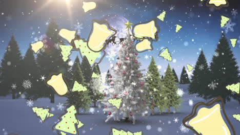 Animation-of-christmas-trees-and-bells-falling-over-winter-scenery