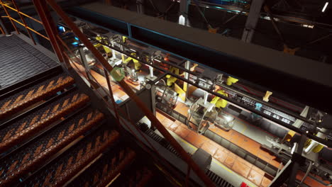 futuristic factory assembly line with robots and workers