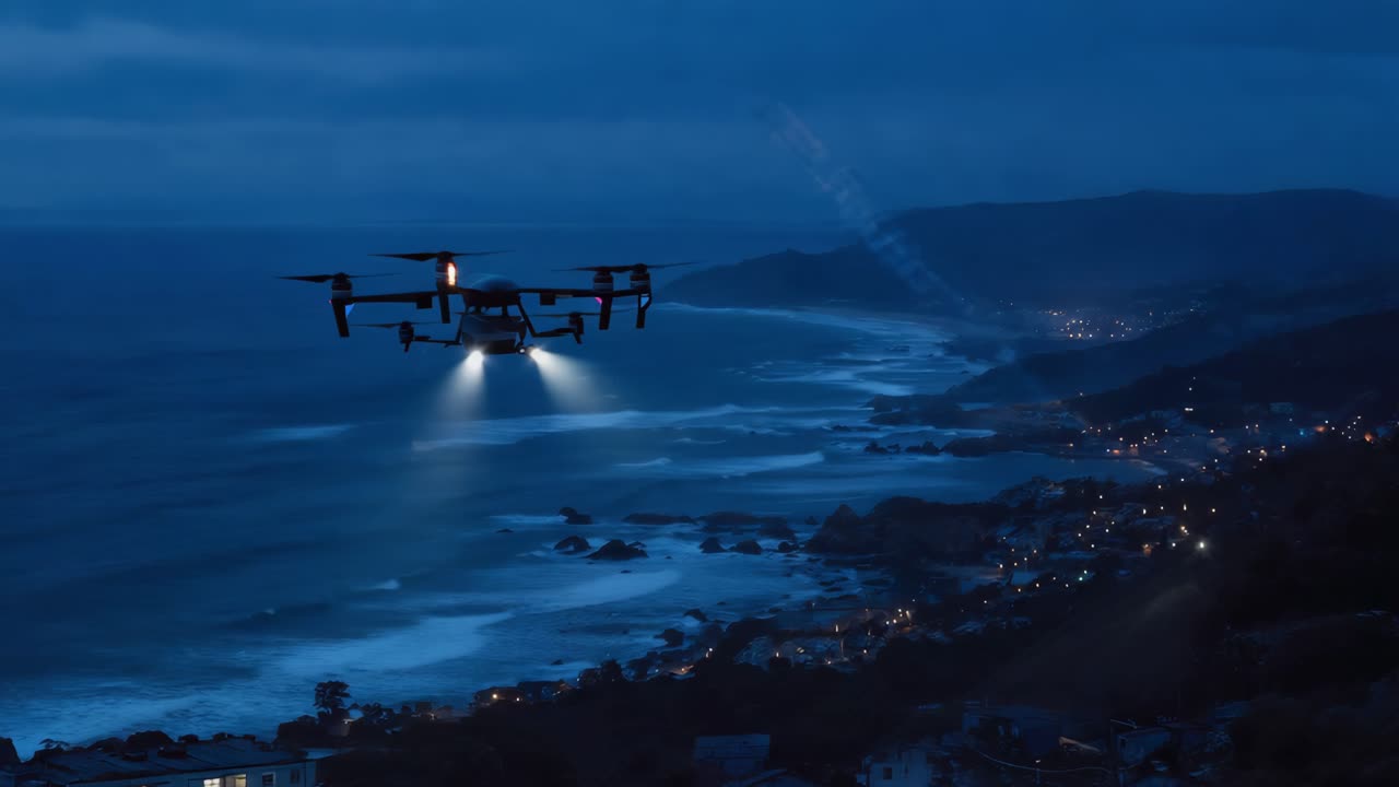 Drone flying over the coast at night