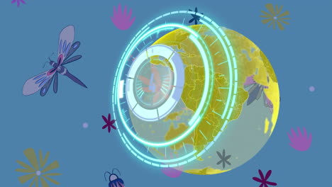animación del procesamiento de cerraduras seguras sobre la red de globos amarillos con insectos y hojas en azul