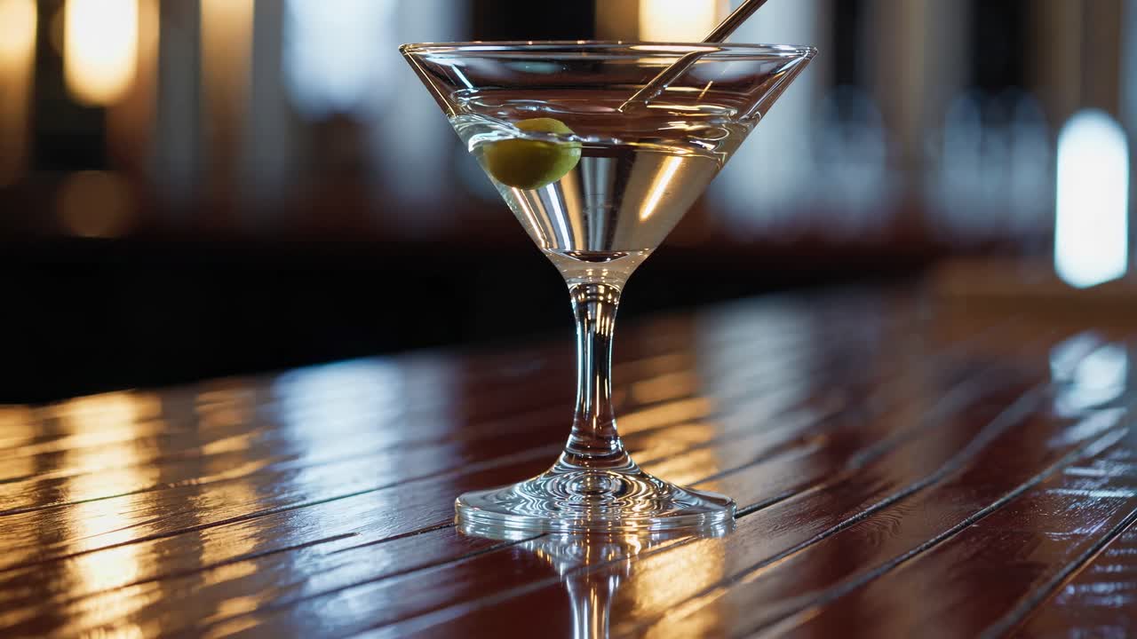 Close-up video of a martini glass with an olive, shot at eye level