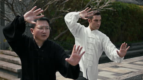 two men practicing tai chi or qigong outdoors
