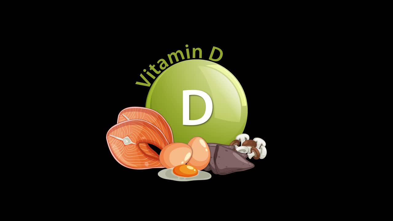 A green Vitamin D icon animates in, surrounded by illustrated food sources like mushrooms, eggs, and fish, against a clean black background with smooth transitions