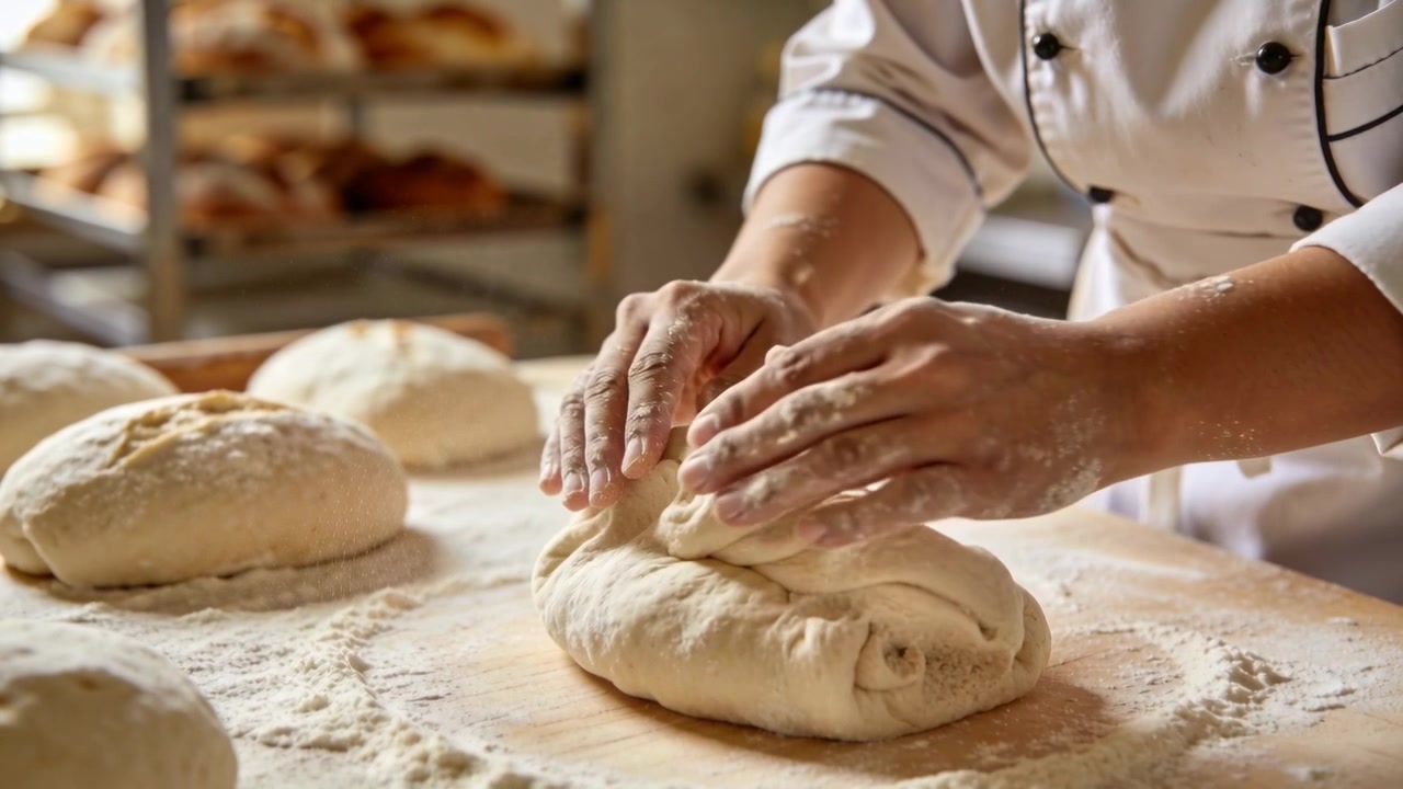 Gripping dough, pro baker in coat twisting sealing loaf on floured bench for proofing, rack visible