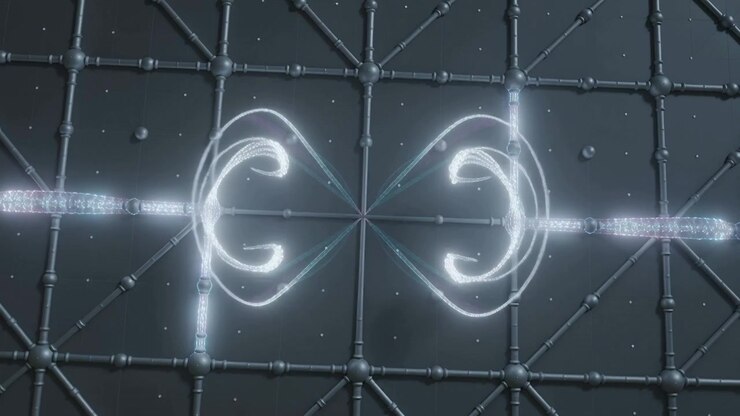 Fascio di luce centrale che guida spirali luminose accoppiate che si spiegano all'interno di una camera vuota sopra un reticolo metallico