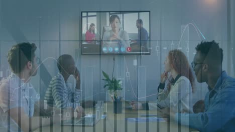 animation of multiple graphs moving over diverse coworkers discussing over video call in meeting