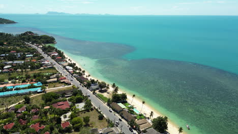 Aerial-View-of-Mae-Nam-Coastline-on-Northern-Koh-Samui-with-Turquoise-Waters