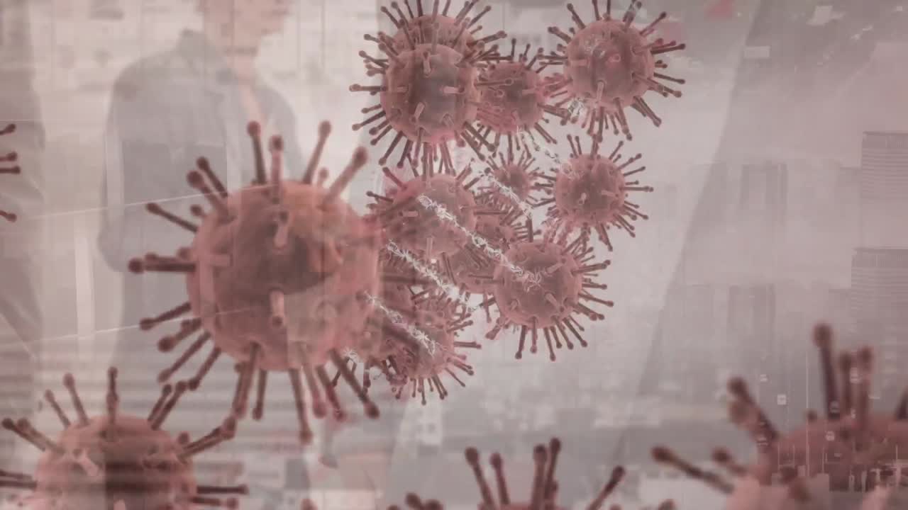 Animation of virus cells and dna strand over diverse business people and cityscape
