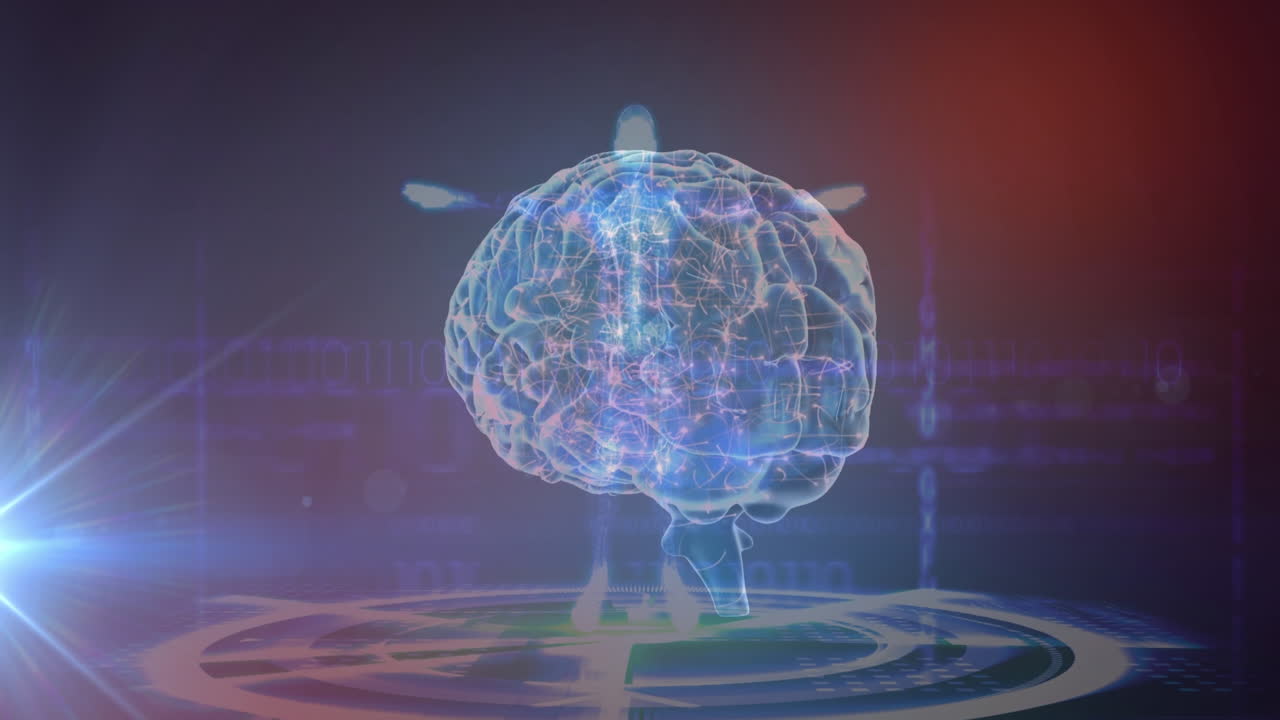 Animation of glowing light over human body with brain