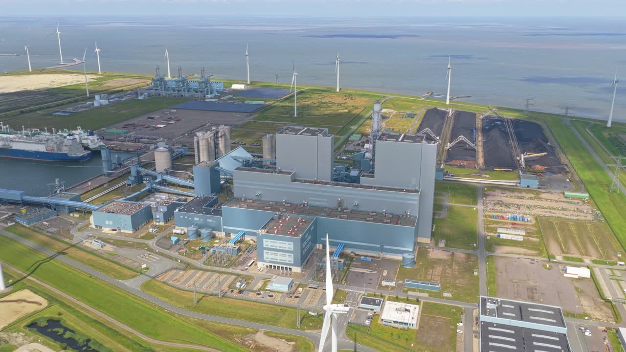 Aerial drone of Dutch coal and biomass station generating electrical power