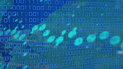 Animation of data processing and binary coding over world map on blue background