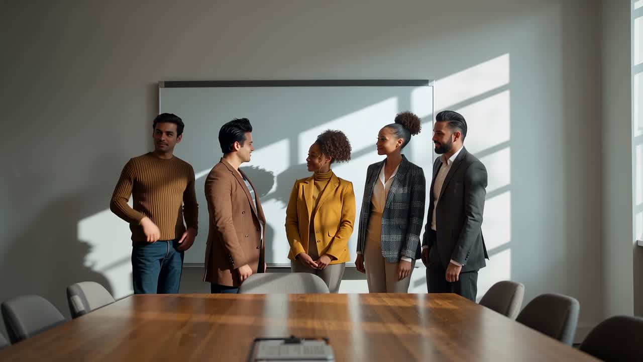 Fem smilende medarbejdere i blazere ved mødebordet forbereder et møde, hvor en taler vender sig mod midten.