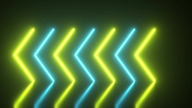 Flashing bright neon arrows light up and go out indicating the direction on the reflective floor. Abstract background, laser show. Ultraviolet neon blue yellow light spectrum. Seamless loop 3d render