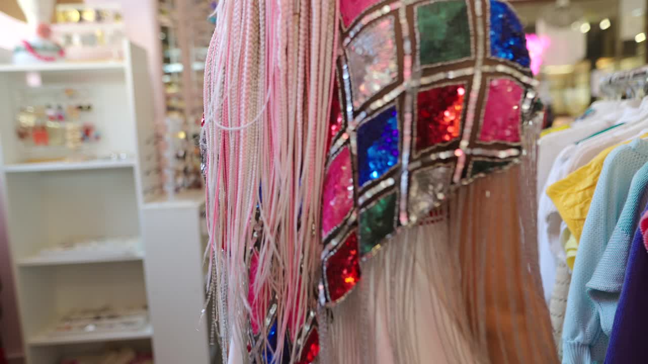 Woman with pink braids in a boutique