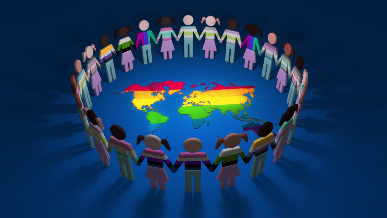 3d 아내기: 실루을 가진 lgbtq 사람들이 파란색 세계 지도 배경을 둘러싼 루프 서클을 형성합니다.