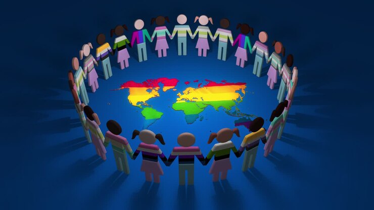 3D Cutout LGBTQ People in Silhouettes forming a Looped Circle around Blue World Map Background