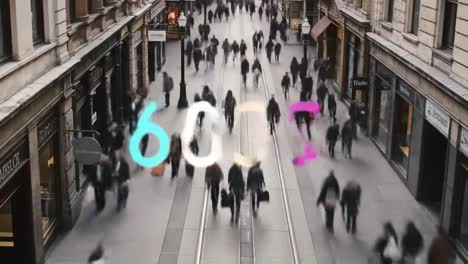 crowds of pedestrians fill a bustling city street, with people engaging in various activities, visiting shops, and enjoying the vibrant urban atmosphere throughout the day.
