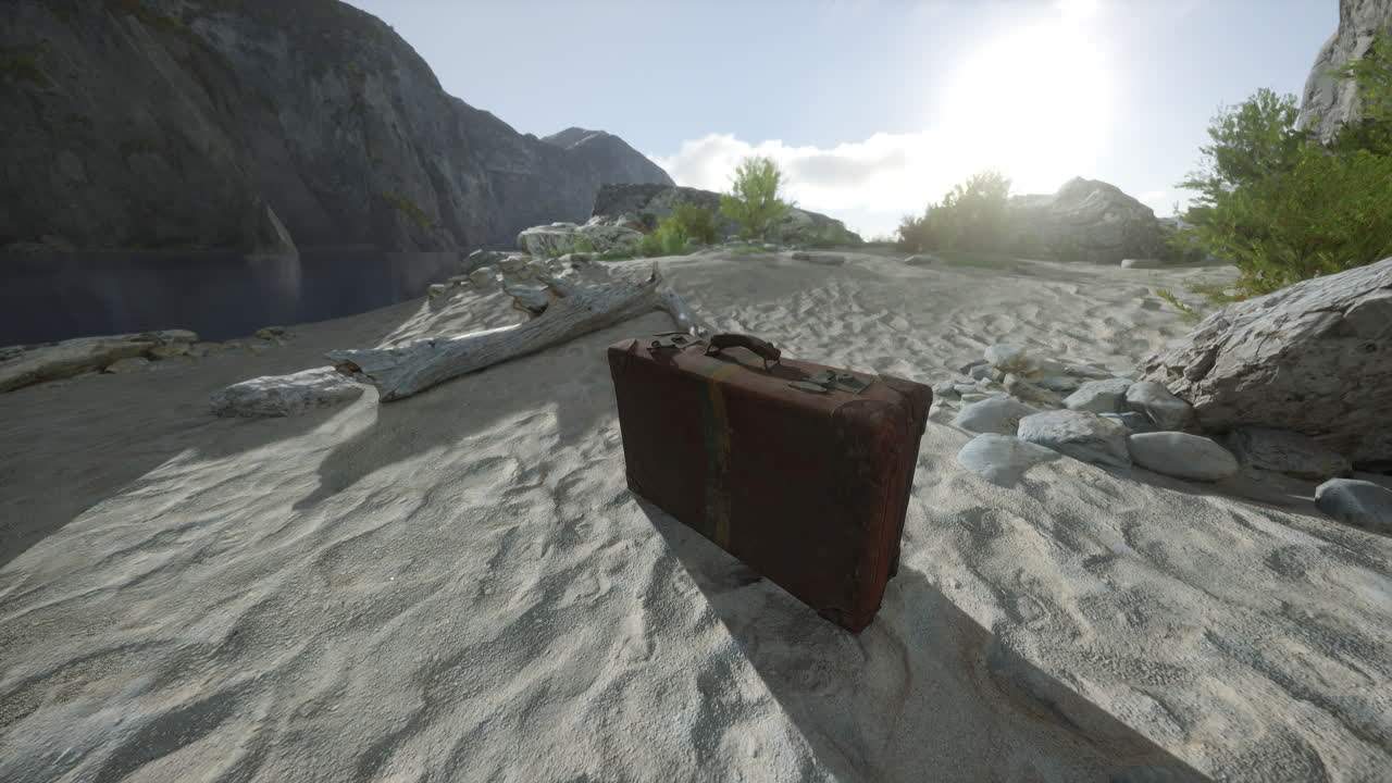 사막 해변에 있는 은 가방