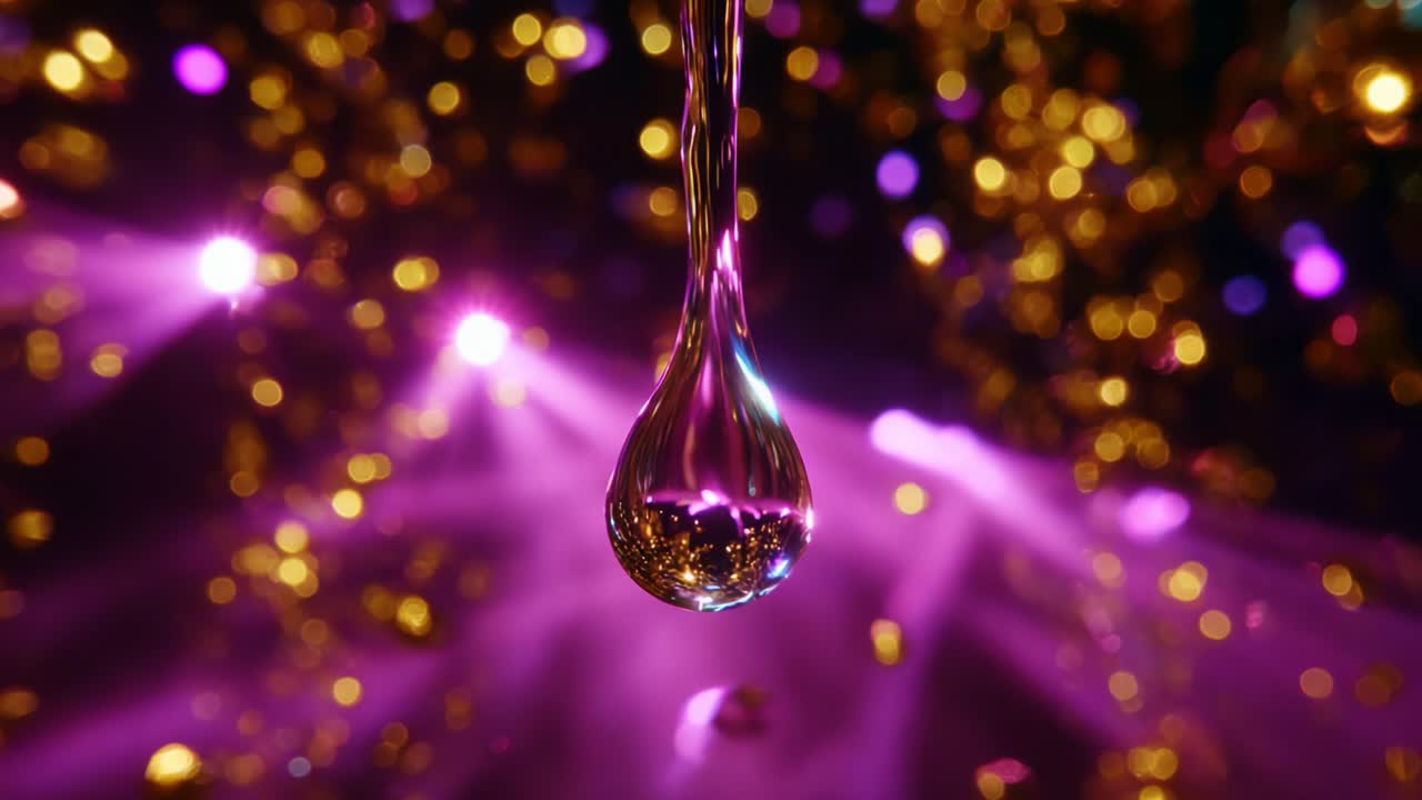 Fantastisk visuelt billede af en glimtende vanddråbe oplyst af vibrerende lilla lys mod en baggrund af funklende guld, der fanger essensen af refleksion og udstråling i en mystisk setting.