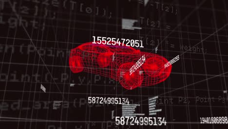 animación de múltiples números cambiantes sobre el modelo de coche 3d contra el procesamiento de datos en fondo negro.