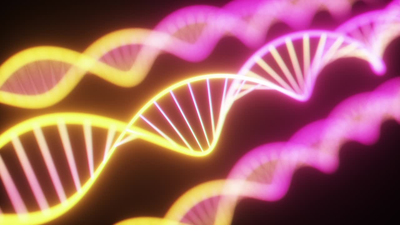 cadena de adn de neón giratorio. luces ultravioletas fluorescentes. estilo de ciencia ficción. espectro de luz púrpura amarillo de neón moderno. animación de bucle sin costuras de renderizado 3d 4k uhd