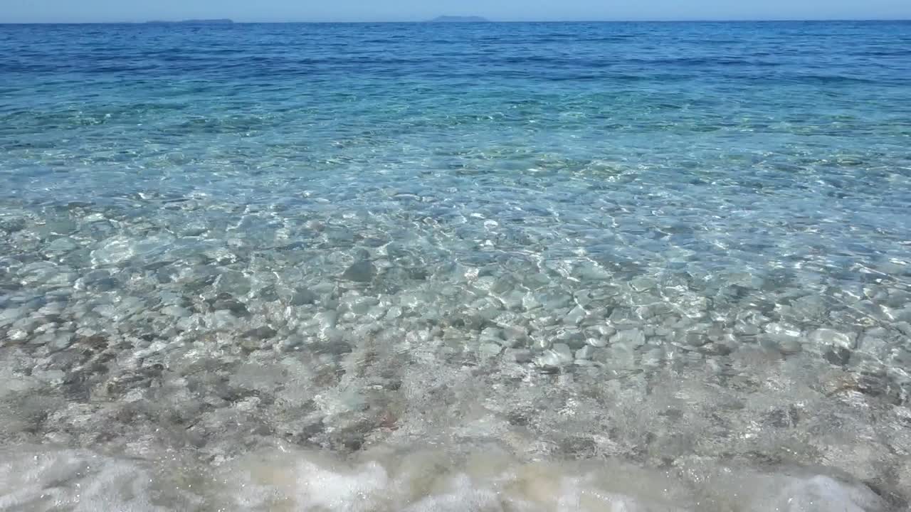 crystal clear turquoise water of beach on the Albanian Riviera. Low angle view