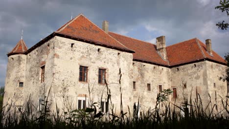 Großes-Graues-Schloss-Mit-Braunem-Dach.-Altes-Architekturgebäude.