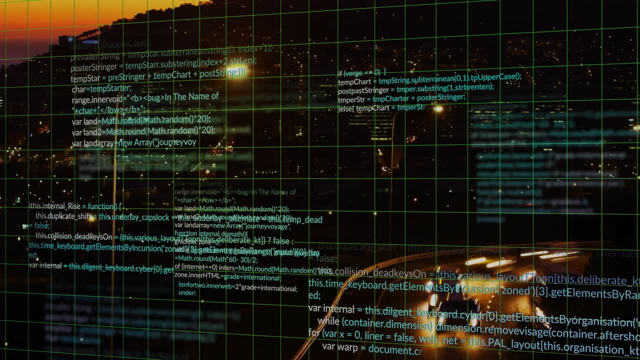 Cars on curved highway moving as teal code appearing, green grid persisting, visualizing data