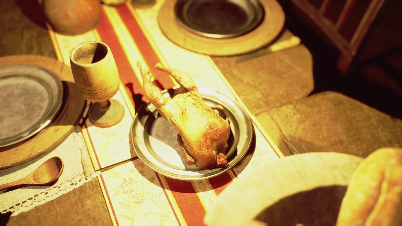Stylish roasted poultry arranged with crafted bread and muted tones
