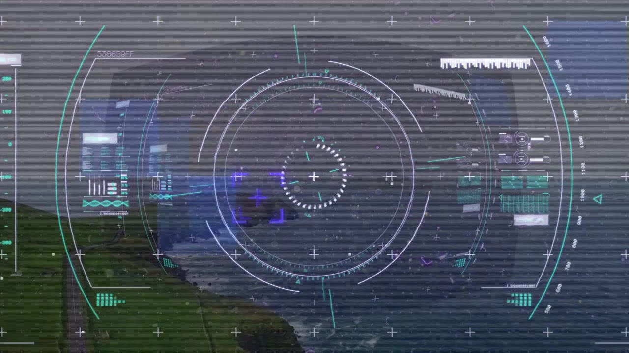 Un affichage tête haute (HUD) s'anime au-dessus de la côte, avec des anneaux rotatifs et un réticule qui s'estompent puis se recomposent, scannant pour la cartographie.