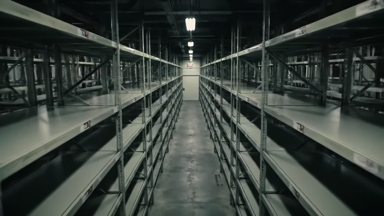 A Captivating View of an Empty Storage Facility Showing Long Aisles of Metal Shelving with Bright Lights Casting Shadows in a Spooky Atmosphere
