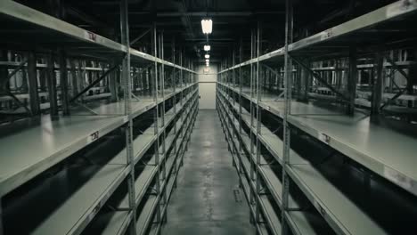 a captivating view of an empty storage facility showing long aisles of metal shelving with bright lights casting shadows in a spooky atmosphere